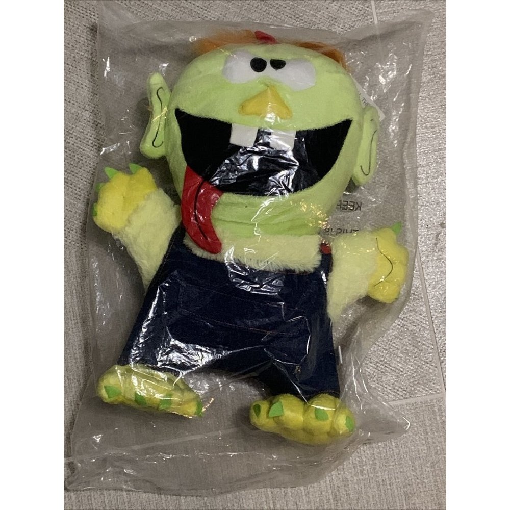GOOFY GRIN MONSTER PLUSH BOJOE Z&Z TOYS 2011 NEW SEALED 15 X 12" DENIM OVERALLS.